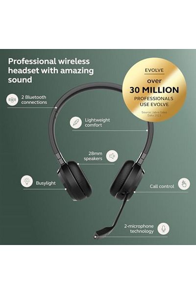 Jabra Evolve 65 TE Wireless Dual-Ear Headphones (3rd Edition) - Noise-Canceling Microphone, 16 Hours