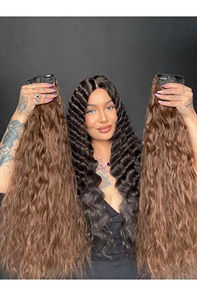 Suzan Peruk Gizemli Kahve 8 parça Afro Dalgalı uzun Çıt Çıt Saç 70cm Ekstra y...