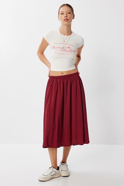 Lovelyİstanbul Textured Flared Woven Skirt Lyy0117 Bordo