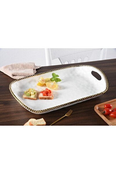 B&L Decor صينية مستطيلة باللونين الأبيض والذهبي مع مقابض