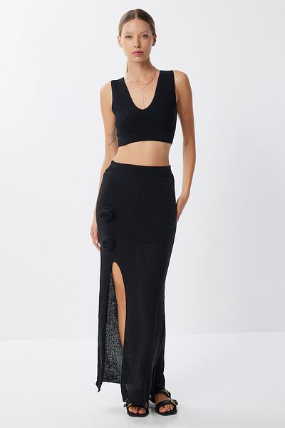 Lovelyİstanbul Rose Detailed Slit Summer Knitwear Skirt Lyy0125 Black