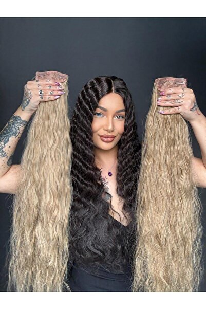 Suzan Peruk Kumral Sarı röfleli 8 parça Afro Dalgalı uzun Çıt Çıt Saç 70cm Ek...