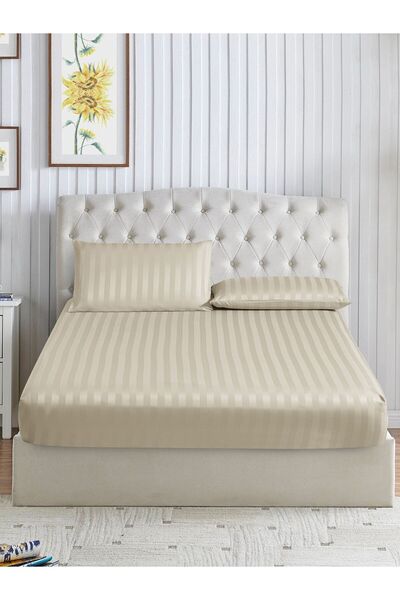 Donetella طقم ملاءات سرير مخططة 200×200 سم سوبر كينج – ملاءة سرير واحدة + 2 كيس وسادة، جيب عميق 35 سم