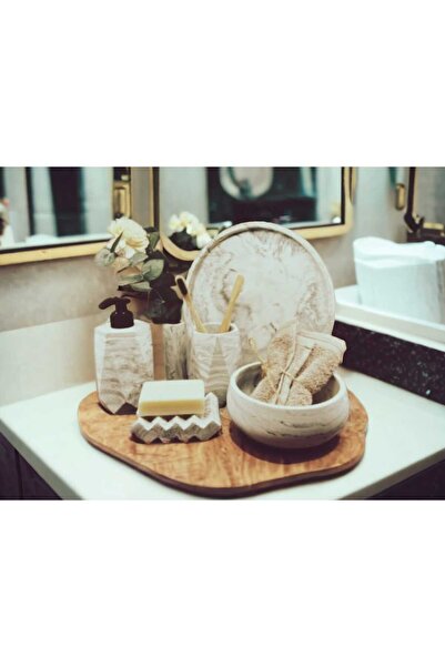 Trust Stone Set de baie din beton cu model de marmură bej, 6 piese, set de accesorii pentru suport pentru periuță de dinți, suport pentru săpun lichid, suport pentru prosoape, tavă