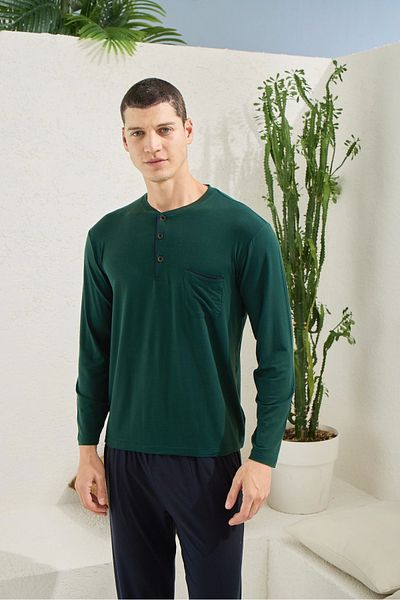 Modestia Kocabey 9220 Men's Midi Collar Long Sleeve Pajama Set - Green - L