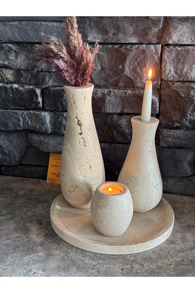 Polen Stone Travertine Natural Stone 4 Piece Candle Holder and Vase Set