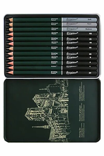 Artlantis Karakalem Seti 12 Parça 1 Paket Teneke Metal Kutu Eskiz Çizim Seti Kara Kalem