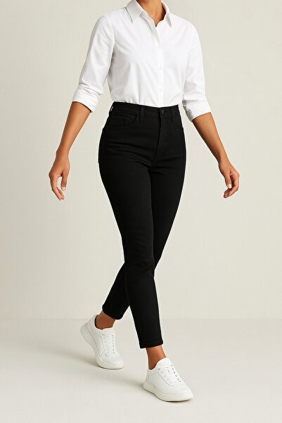 DELDNM Pantaloni de blugi din denim cu talie înaltă din Lycra, super skinny, pentru femei, negru, Tin