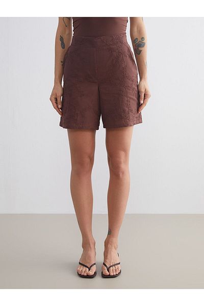 LC Waikiki Quality Parts from Celebi Store |   Brown Women's Shorts with Elastic Waist and Embroidery