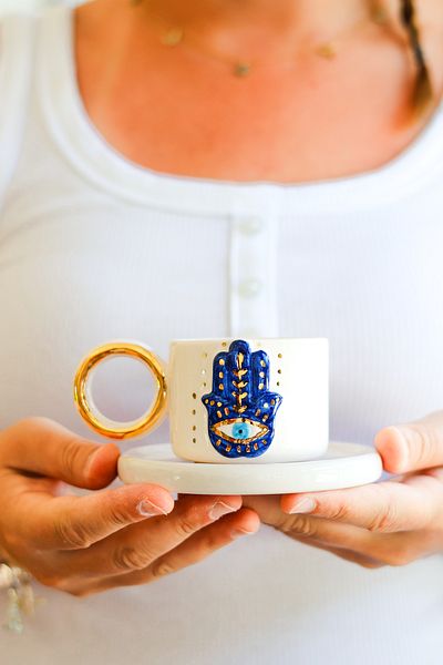 Özce Art Ceramic Atelier Hamsa Evil Eye Patterned 100 ml Turkish Coffee Cup and Saucer