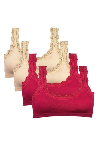 PRATİKOBA 4 Pieces Lace Embroidery Embroidered Padded Bamboo Women's Bustier Skin Burgundy