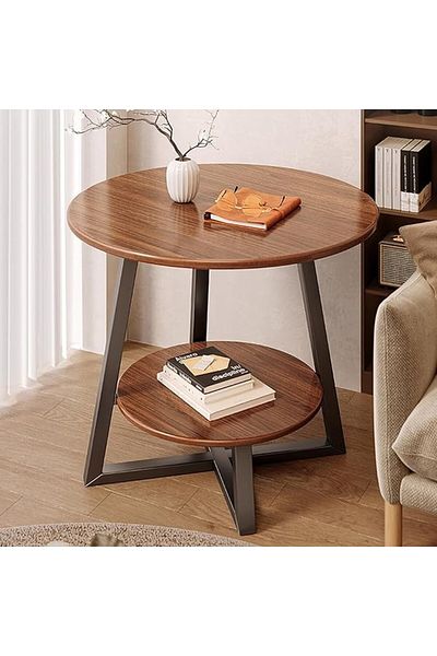 Kardett Round Coffee Table with Black Metal Frame, Bedside Table for Bedroom or Living Room