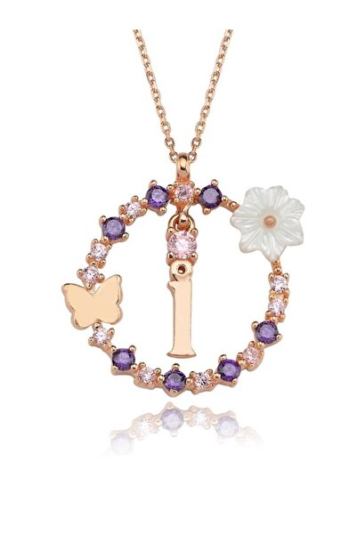 vogutima jewelery&silver by timuçin mavili Gümüş Kolye - Manolya Çiçeği Düşler Işıltısı I Harfi Rose Renk 925 Ayar Gümüş Harfli Kolye