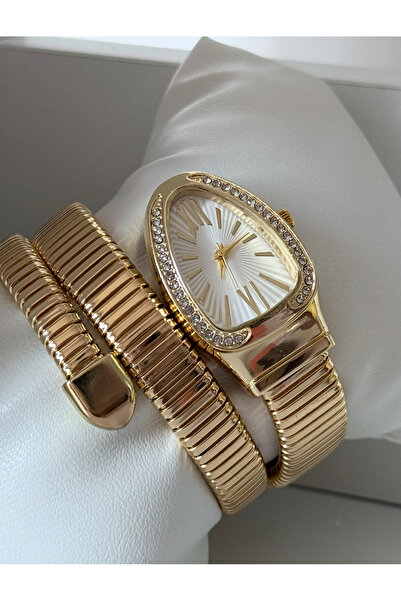 ACCESSORYHUB ساعة يد نسائية من الفولاذ الحجري بهيكل من الأكورديون الذهبي