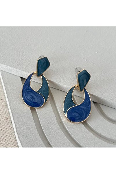 juleeco Mini Boho Şık Sallantılı Mavi Sedefli Geometrik Gold Küpe(3x1cm)