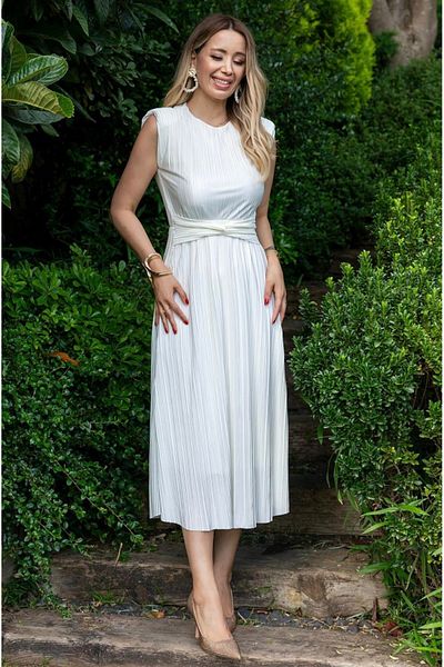 Afiş Butik Ecru Padded Crinkle Midi Dress