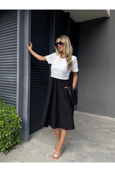 Afiş Butik Black Pocket Viscose Stretch Midi Dress
