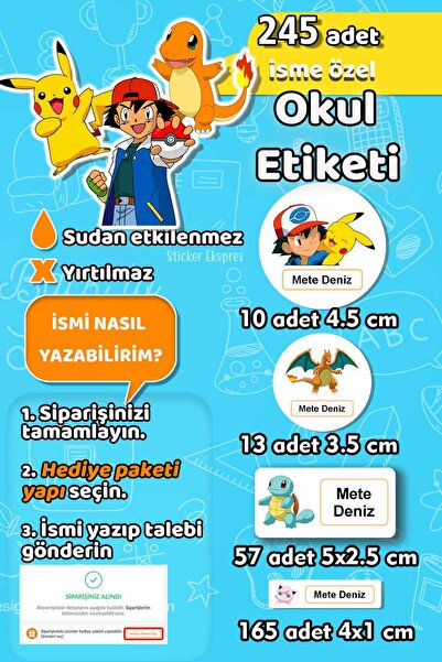 Sticker Ekspres Okul Etiketi Pokemon Pikachu Temalı Kalem Defter Etiketi Özel...