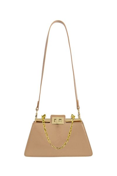 Generic fashionable luxury bag with golden accessories and chain handle along with detachable strap