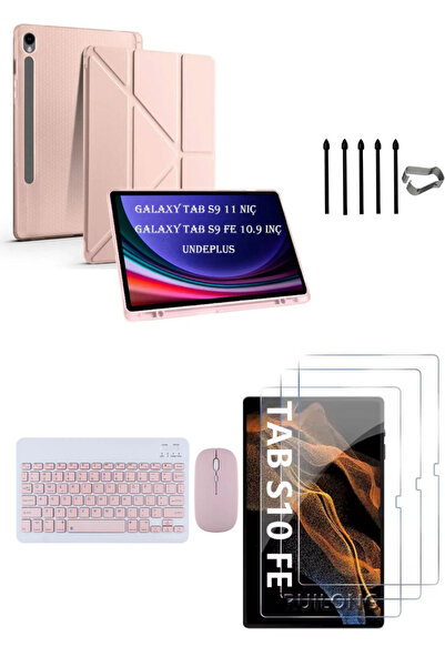 Covpor Samsung Galaxy Tab S10 FE Origami Kılıf+Klavye Mouse+S Pen Yedek Uç+Ekran Koruyucu Rose
