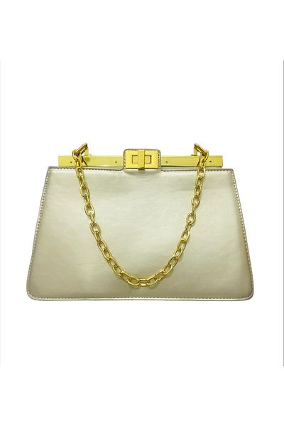 Generic fashionable luxury bag with golden accessories and chain handle along with detachable strap