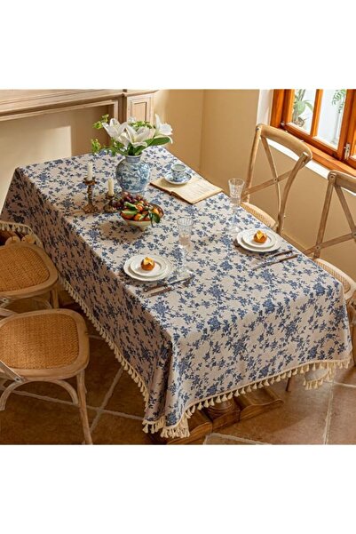 Generic مفرش طاولة HASTHIP® مزهر، 150×180 سم، غطاء طاولة طعام من الكتان الأزر...