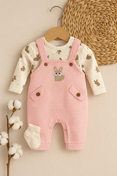 KapsülBebek Baby Girl Rabbit Patterned 100% Cotton Long Sleeve Jumpsuit Set – Badi and Socks