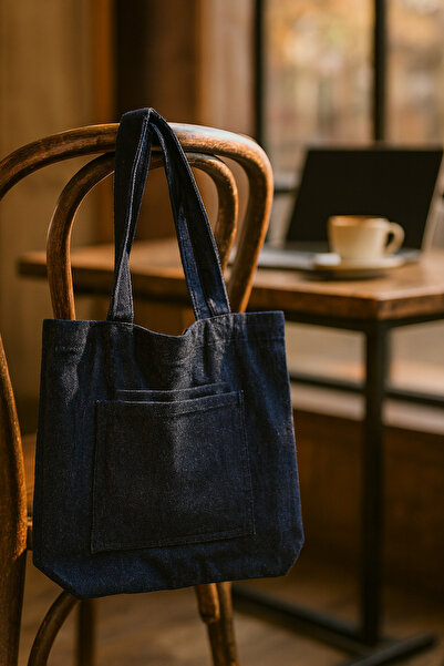 YUNUSOĞLU HOME Women's Navy Blue Canvas Front Double Pocket Soft Cloth Fabric Hand, Arm and Shoulder Bag