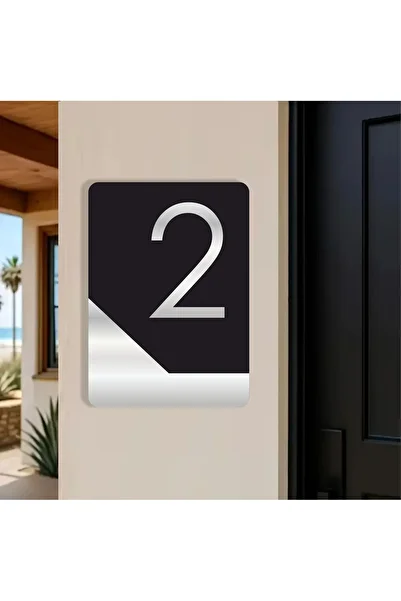 zafrakreklam Apartment -Wall - Door - Hotel Number Laser Cutting (Black & Mirror Silver 14X10 cm) Number 2 Two