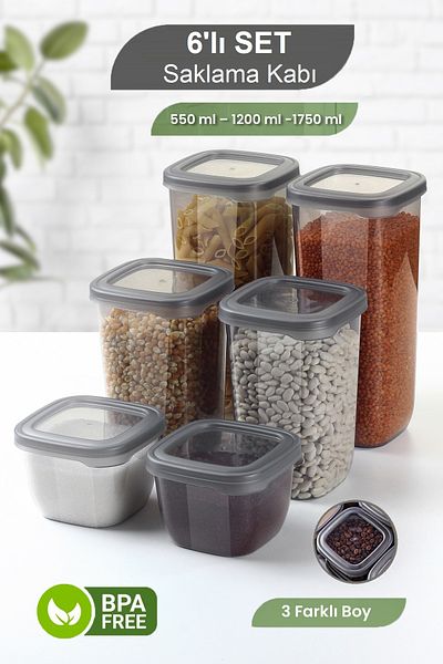 MYBOX 6 Piece Square Food Storage Container Set - Pulses Storage Box Spice Rack Snack Bowl 550-1200-1750 ml