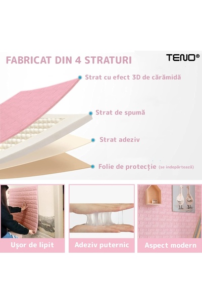 Teno Set 40x Tapet Caramida 3D Teno®, suprafata acoperire 21.1 mp, 70x77 cm, roz