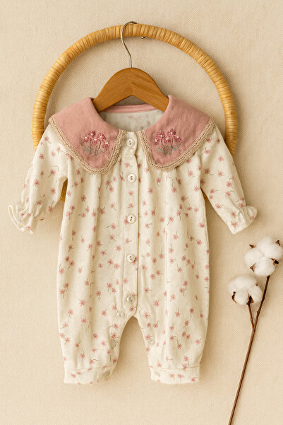KapsülBebek Pembe Yaka Çiçek Desenli Uzun Kollu Bebek Tulum- Pamuk