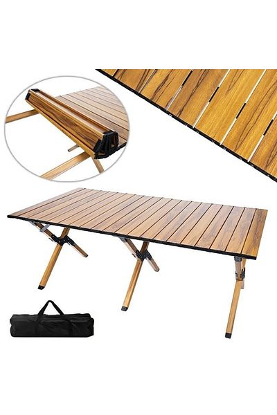 Kardett Folding Camping Table, Metal Frame, Wooden Top, 150x70 cm, Stable and Portable with Carry Bag