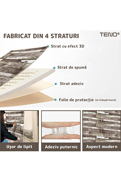 Teno Set 10x Tapet Caramida 3D Teno®, Model Lemn, suprafata acoperire 5.3. mp, 70x77 cm, maro inchis