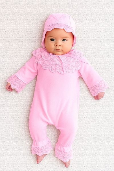 Sitilin Baby Girl Pink Lace 100% Cotton Luxury Hospital Outlet Wonderful Newborn Jumpsuit Hat Set