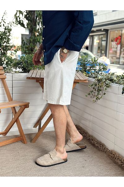 manch collection Basic Linen Shorts with Drawstring Waist White