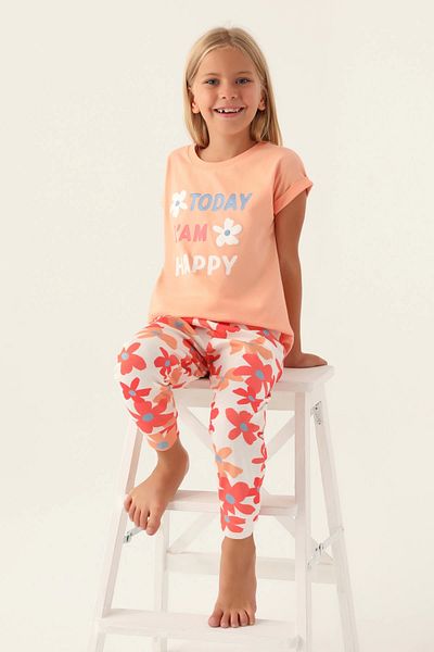 Modestia Roly Poly 3394-2 Girl's Floral Short Sleeve Pajamas Suit - Salmon - 6-7 Years
