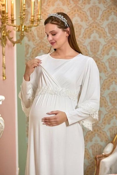 Modestia Aqua 25121 Maternity Long Nightgown - Cream - 40