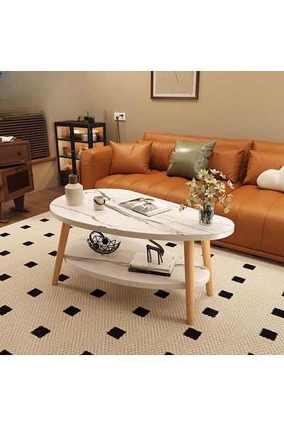 Kardett Oval wooden coffee table, 2 levels, marble design, modern, storage shelf, white