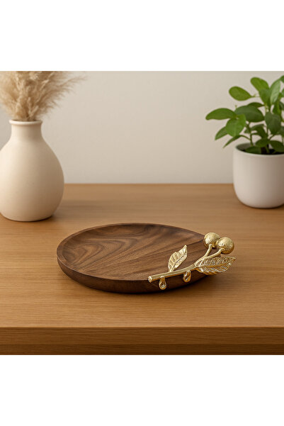 GOGOWOOD Altın Detaylı Yuvarlak Ahşap Sunumluk - Ceviz Ağacı Sunum Tabağı – A...