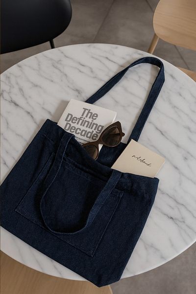 YUNUSOĞLU HOME Women's Navy Blue Canvas Front Double Pocket Soft Cloth Fabric Hand, Arm and Shoulder Bag