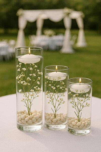 Noah Exclusive 3 LU BOROSILİKAT VAZO SETI YUZEN MUM HEDIYELİ -9 CM X 14 CM+9 CM X 19 CM +9 CM X 24 CM-MUMLUK-VAZO