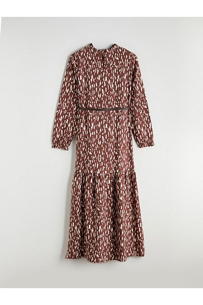 LC Waikiki Quality Parts from Celebi Store |   Brown Ruffled Stand Collar Patterned Belted Fold Dress