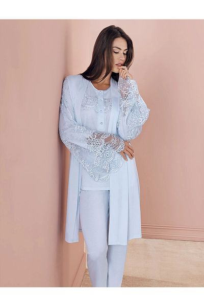 Modestia Espuar 757 Combed Cotton 3-Piece Pajamas Set - Blue - L