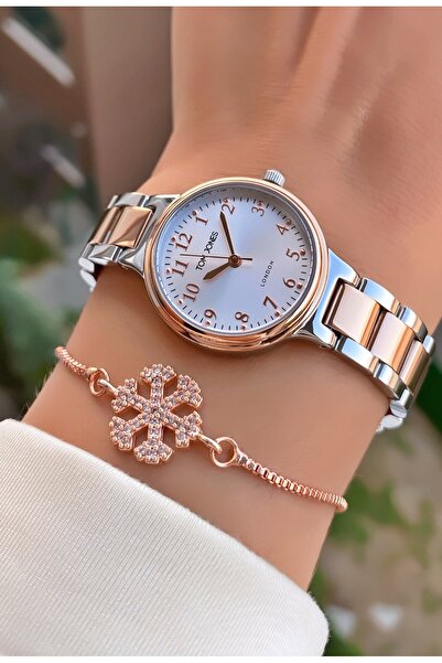 Tom Jones ساعة يد نسائية أصلية باللون الفضي الوردي مع ضمان لمدة عامين - هدية سوار