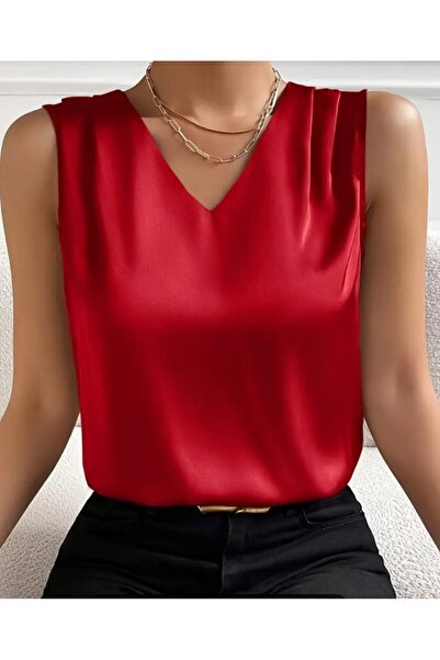 By Kul Design Women's Satin V-Neck Shoulder Pleated Bluz