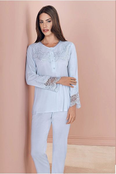 Modestia Espuar 757 Combed Cotton 3-Piece Pajamas Set - Blue - L