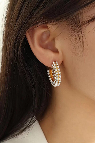 CAŞ DEKORASYON أقراط دائرية من اللؤلؤ باللون الذهبي (زوج)