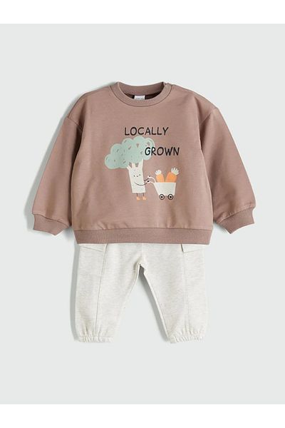 LC Waikiki Lcw Baby Brown Printed Baby Boy Jogger Pants and Sweatshirt 2-Pack