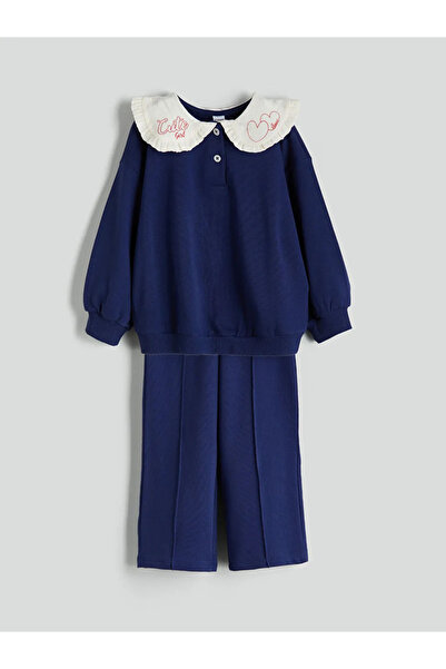 LC Waikiki Lcw Kids Navy Blue Baby Collar Girl's Sweatshirt and Sweatpants